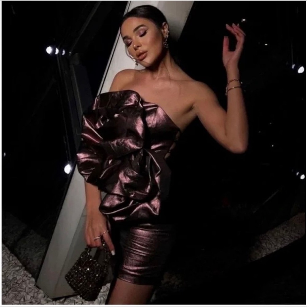 Zara metallic luminous rosette floral strapless lace up Mini dress